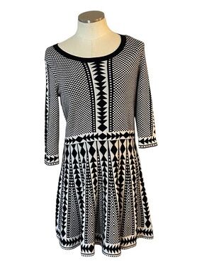 Nina Leonard Black & White Geometric Long Sleeve Fit-and-Flare Dress